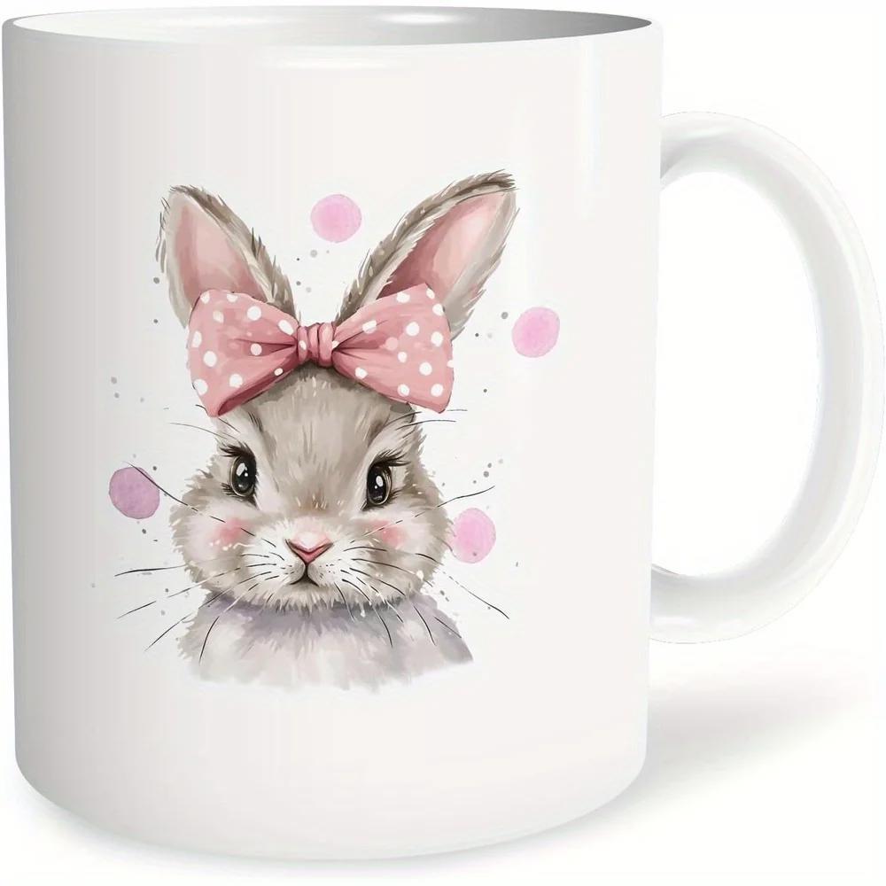 Tailorly White Ceramic 11 oz Mug - Adorable Hand Drawn Watercolor Grey Bunny Wearing Pink Polka Dot Bow Rabbit