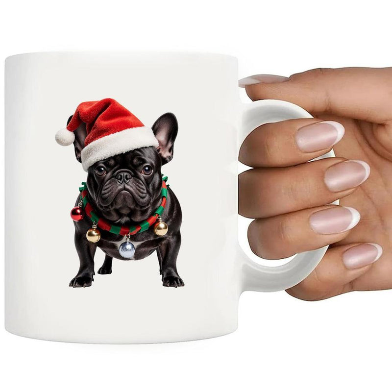 Tailorly White Ceramic 11 oz Mug - Festive Black Pet Wearing Red Santa Hat And Jingle Bell Collar French Bulldog