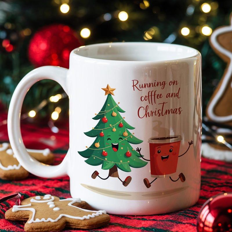 Tailorly White Ceramic 11 oz Mug - Running On Coffee And Christmas Joyful Cartoon Christmas Tree And Coffee Cup Holding Hands Together Mug
