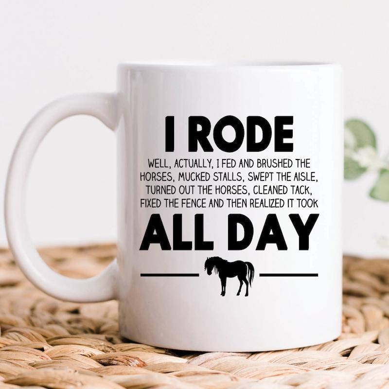 Tailorly White Ceramic 11 oz Mug - I Rode All Day Minimalist Black Silhouette Standing Within A Rural Farm Setting Horse