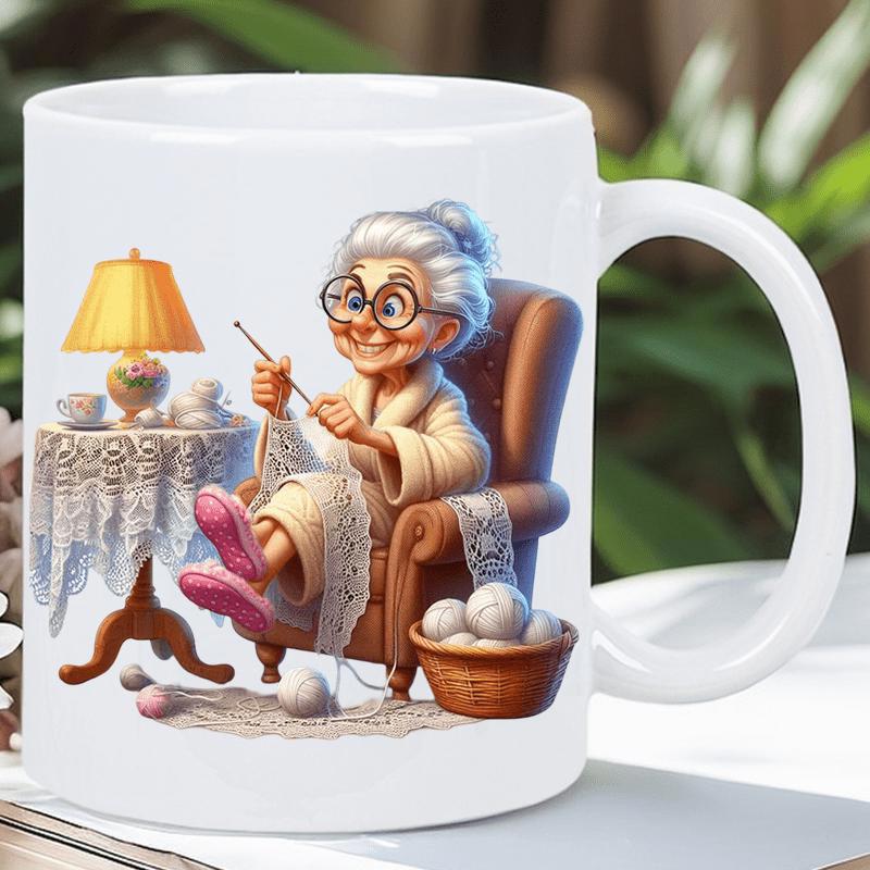 Tailorly White Ceramic 11 oz Mug - Kind Elderly Woman Knitting Peacefully In A Cozy Armchair Under Lamp Grandma