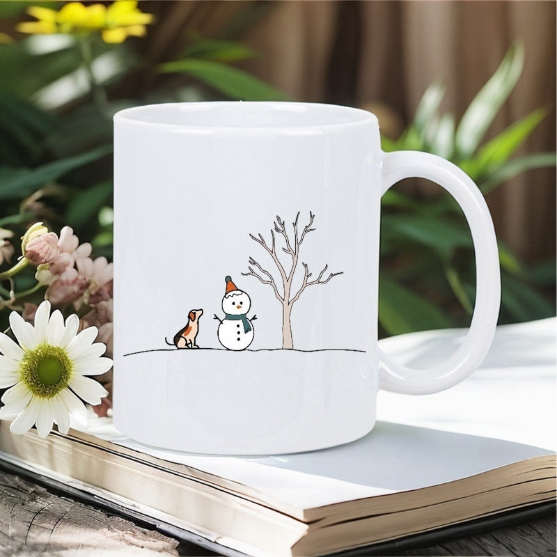 Tailorly White Ceramic 11 oz Mug - Whimsical Hand Drawn Winter Scene With A Small Dog Beside A Snowman