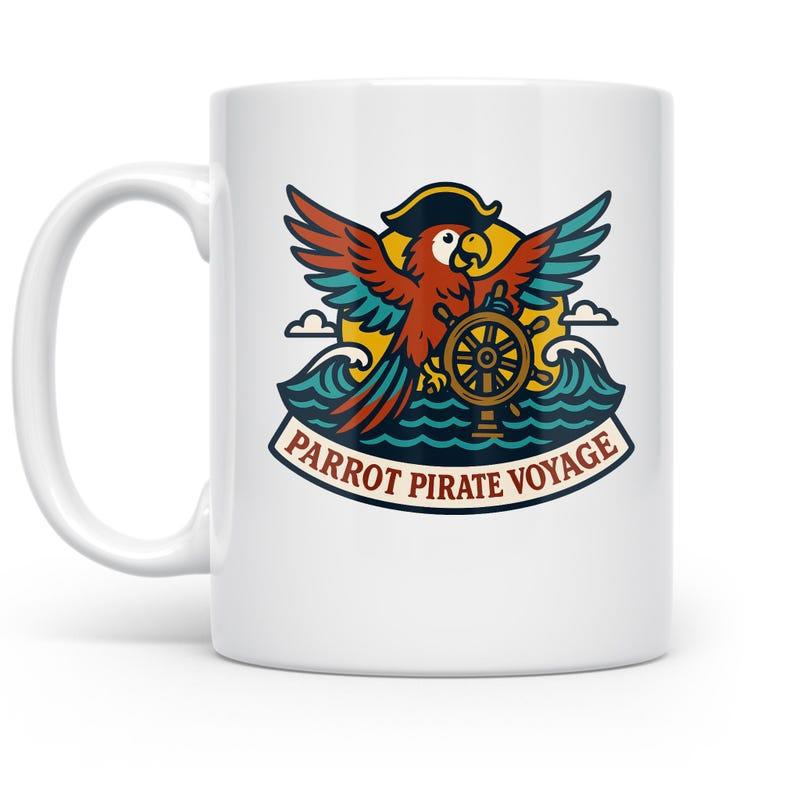 Tailorly White Ceramic 11 oz Mug - Parrot Pirate Voyage Colorful Cartoon Bird Steering Ship Wheel Above Rolling Waves Parrot