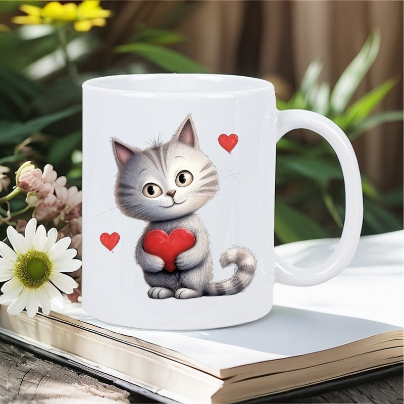 Tailorly White Ceramic 11 oz Mug - Adorable Grey Striped Kitten Holding A Red Heart Among Floating Hearts Cat