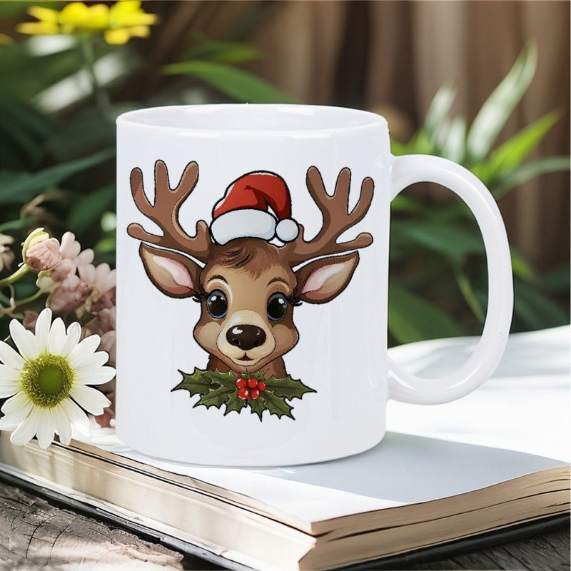 Tailorly White Ceramic 11 oz Mug - Cute Festive Christmas Deer Wearing Red Santa Hat With Holly Berry Reindeer