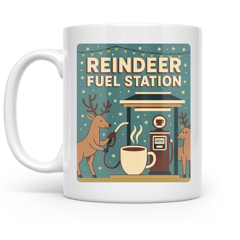 Tailorly White Ceramic 11 oz Mug - Reindeer Fuel Station Festive Winter Scene With Coffee Gas Station And Falling Snow Reindeer