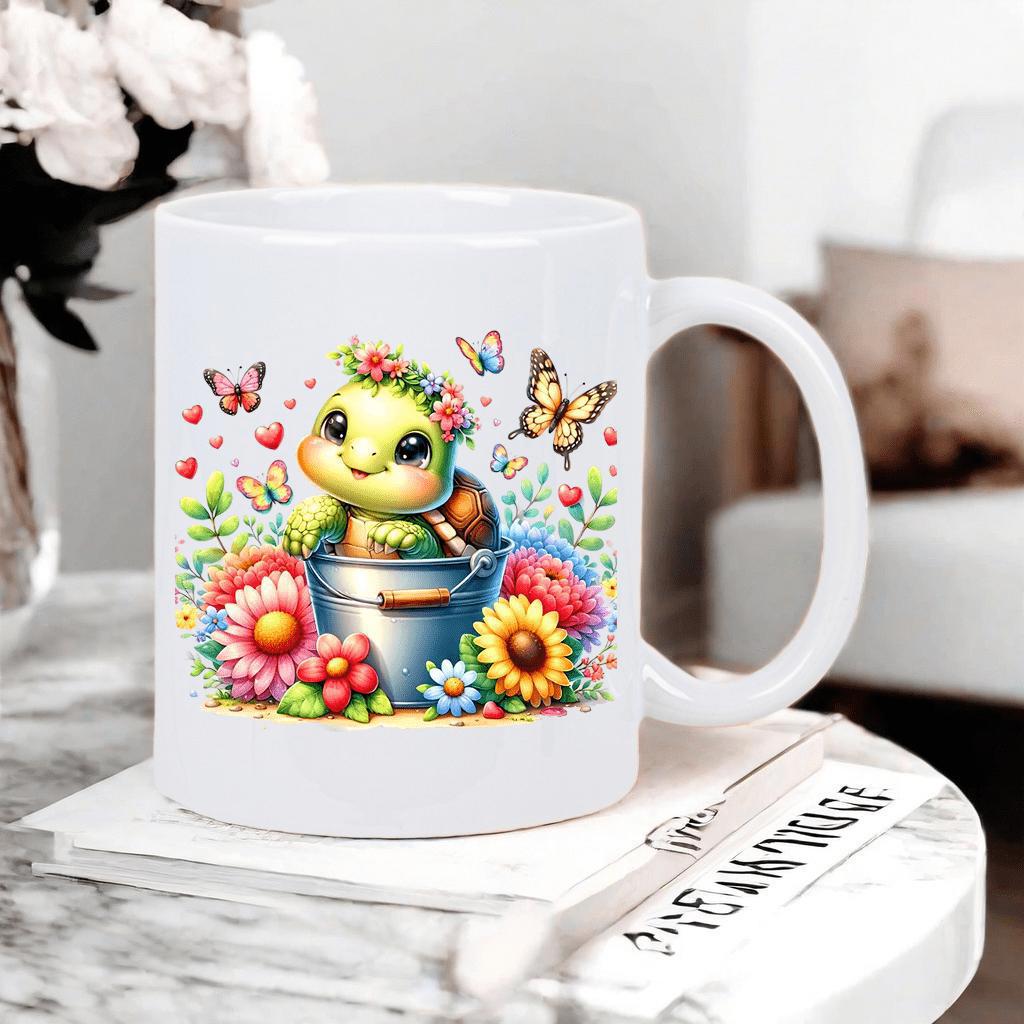 Tailorly White Ceramic 11 oz Mug - Adorable Tiny Turtle Sitting In Bucket Surrounded By Blooming Flowers And Butterflies Turtle
