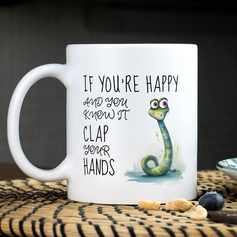 Tailorly White Ceramic 11 oz Mug - If Youre Happy And You Know It Clap Your Hands Adorable Green Cartoon Snake With Big Eyes Looking Up Curled Body Snake