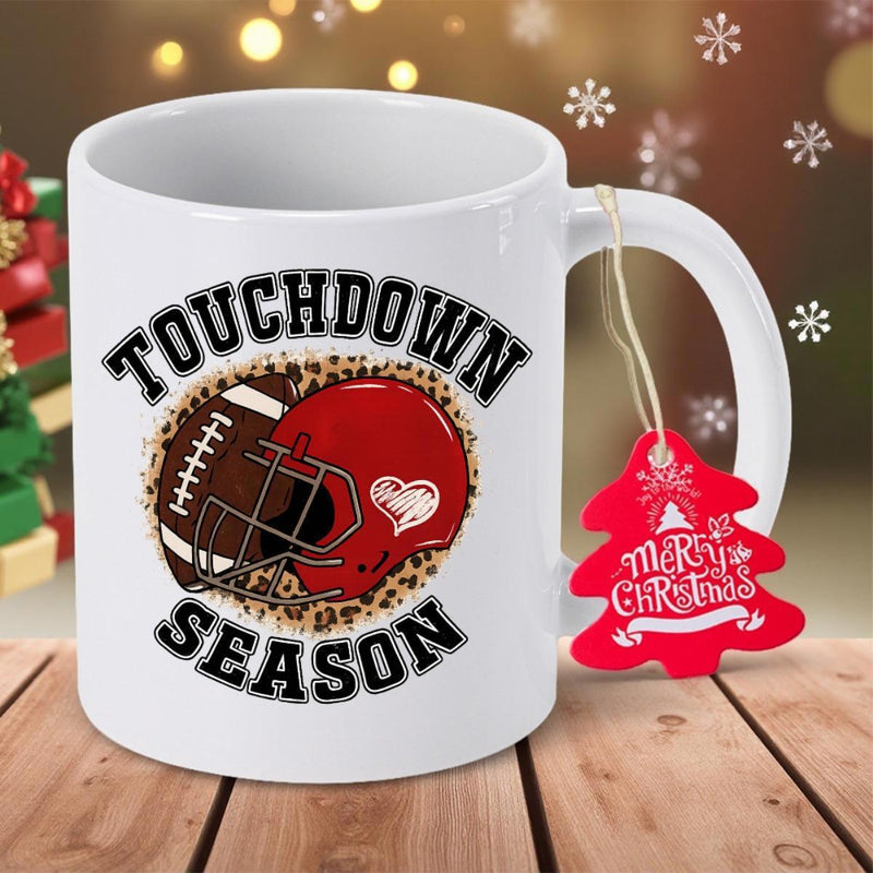 Tailorly White Ceramic 11 oz Mug - Touchdown Season Classic American Football And Red Helmet Surrounded By Leopard Pattern Helmet