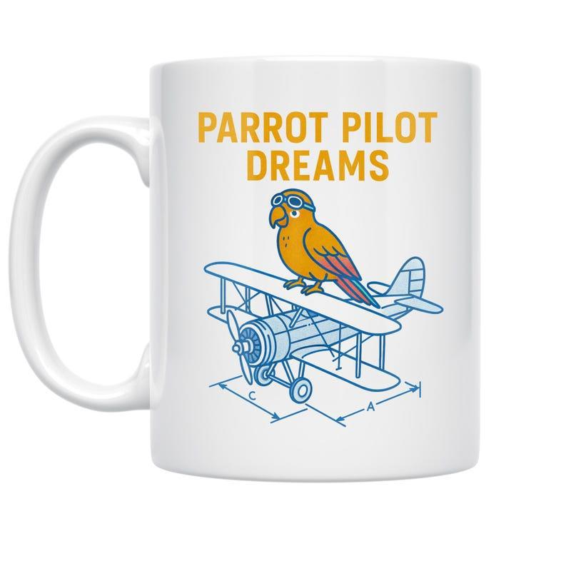 Tailorly White Ceramic 11 oz Mug - Parrot Pilot Dreams Colorful Parrot Wearing Aviator Goggles Resting Upon Classic Blueprint Style Biplane