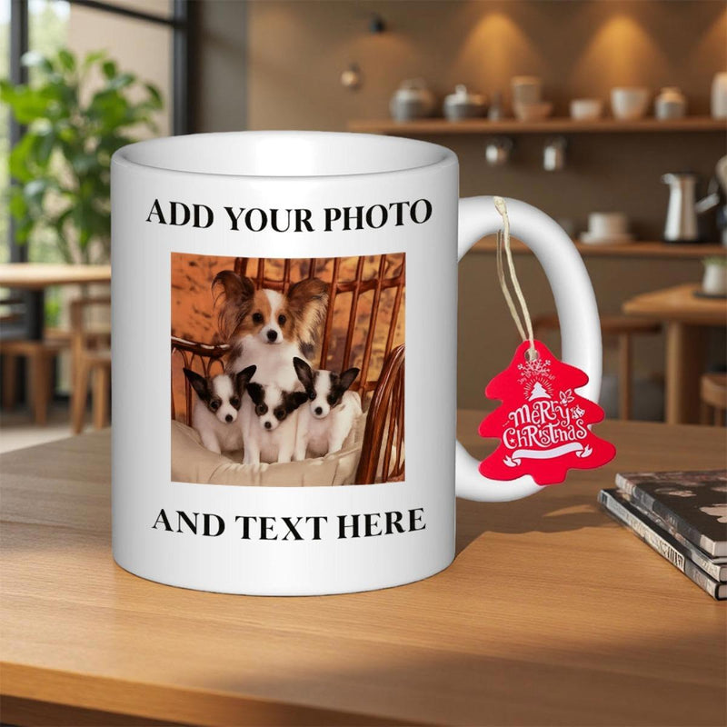 Tailorly White Ceramic 11 oz Mug - Add Your Photo And Text Here Adorable Papillon Puppies Sitting Closely Together Inside A Cozy Home Setting Puppies