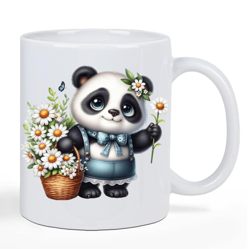 Tailorly White Ceramic 11 oz Mug - Adorable Cartoon Animal Wearing Blue Bow Holding Basket Of Daisies Panda