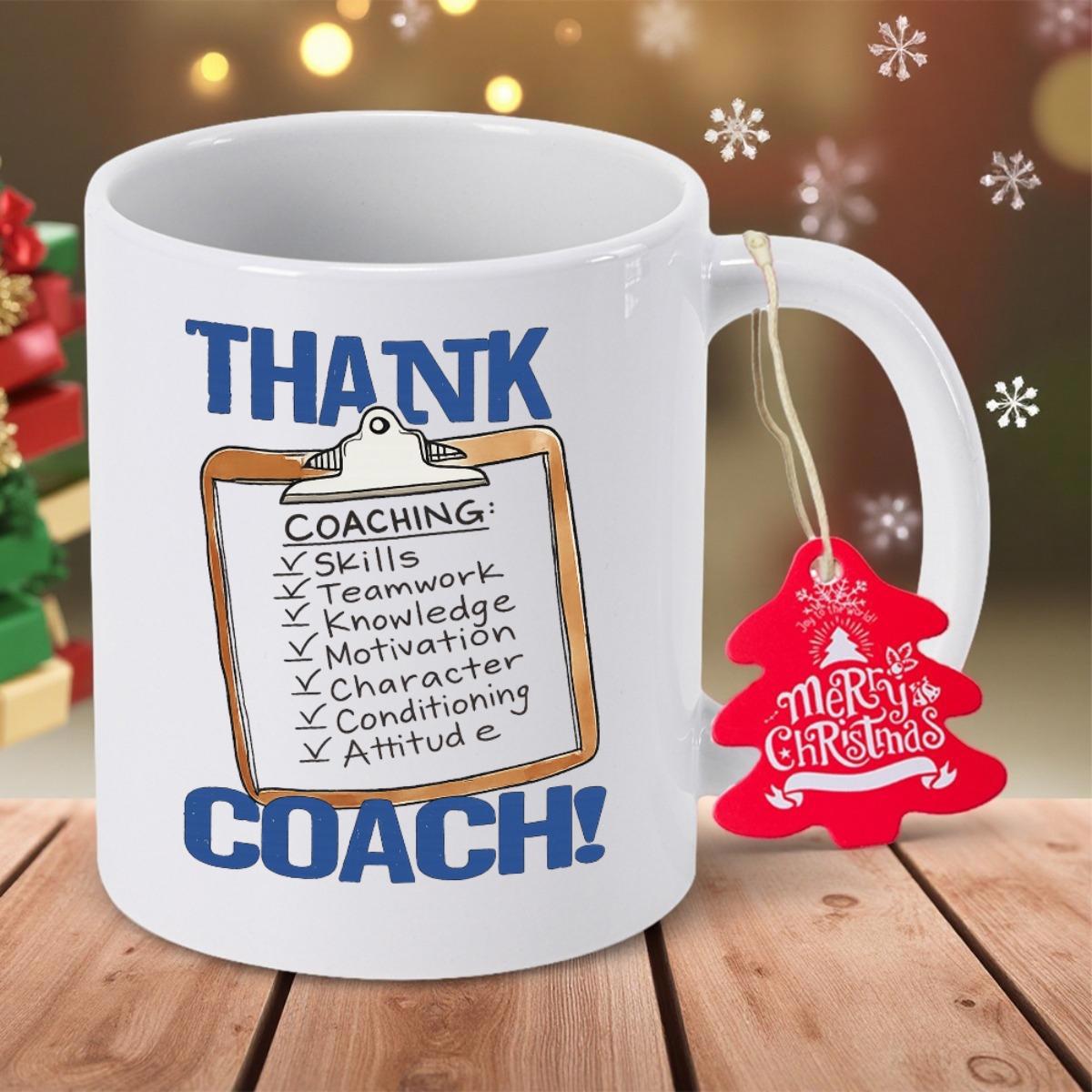 Tailorly White Ceramic 11 oz Mug - Thank Coach Coaching Skills Teamwork Knowledge Motivation Character Conditioning Attitude Detailed Wooden Clipboard Displaying