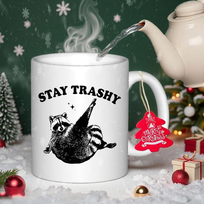 Tailorly White Ceramic 11 oz Mug - Stay Trashy Playful Black And White Animal Lying On Back Raccoon