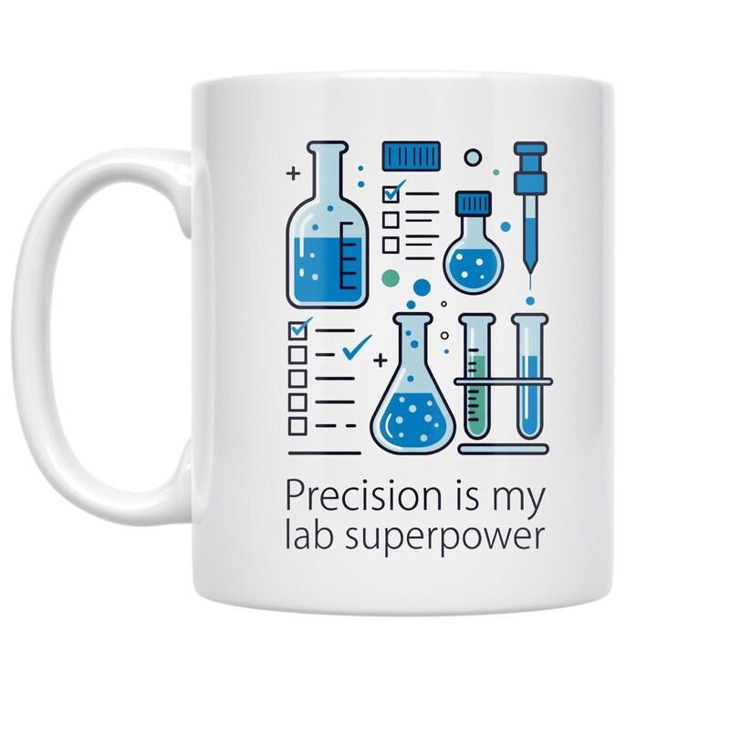 Tailorly White Ceramic 11 oz Mug - Precision Is My Lab Superpower Blue Minimalist Outlined Scientific Glassware Icons With Professional Quote Laboratory