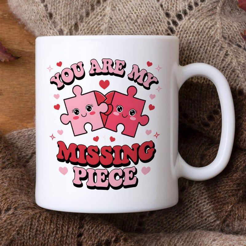 Tailorly White Ceramic 11 oz Mug - You Are My Missing Piece Cute Smiling Cartoon Characters Surrounded By Radiant Floating Small Hearts Puzzle