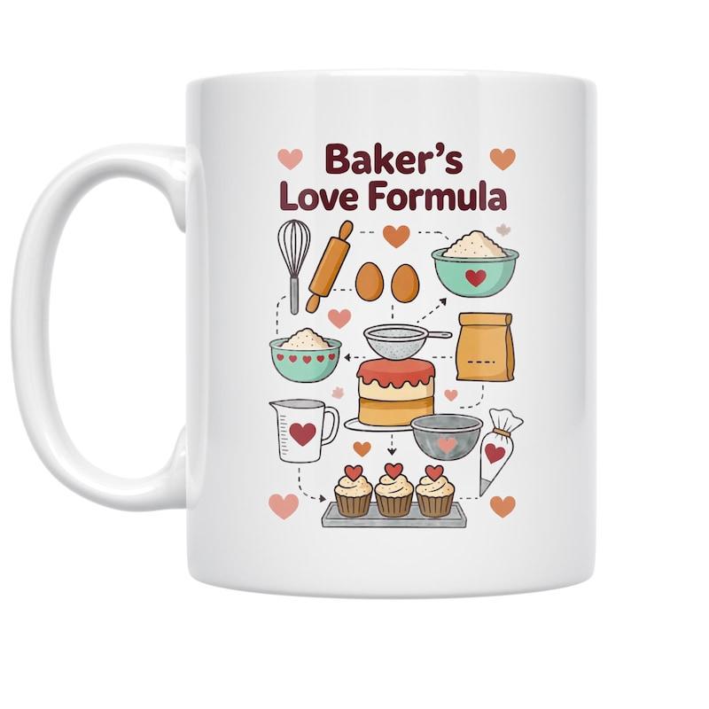 Tailorly White Ceramic 11 oz Mug - Baker's Love Formula Whisk Rolling Pin And Sweet Cupcakes Decorated With Small Red Hearts Bakery