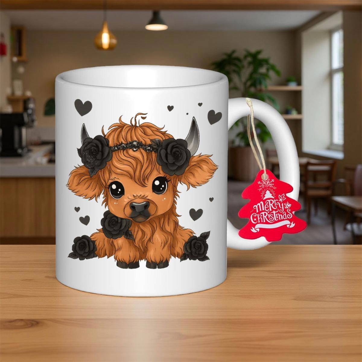 Tailorly White Ceramic 11 oz Mug - Merry Christmas Adorable Fluffy Highland Cow With Black Roses And Floating Hearts Highland Cow