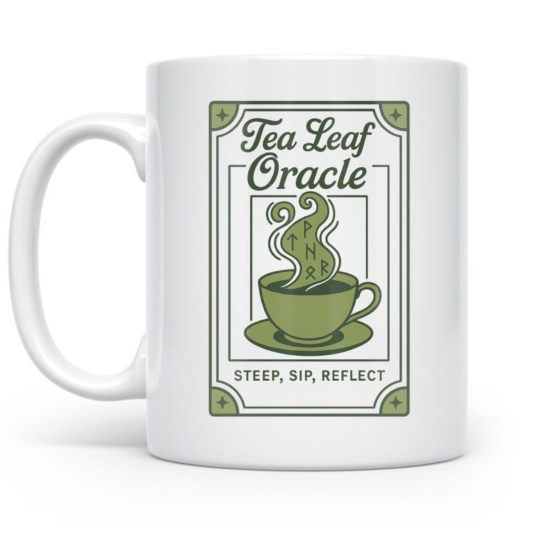 Tailorly White Ceramic 11 oz Mug - Tea Leaf Oracle Steep Sip Reflect Vintage Framed Green Teacup With Swirling Steam And Mystical Decorative Elements Teacup