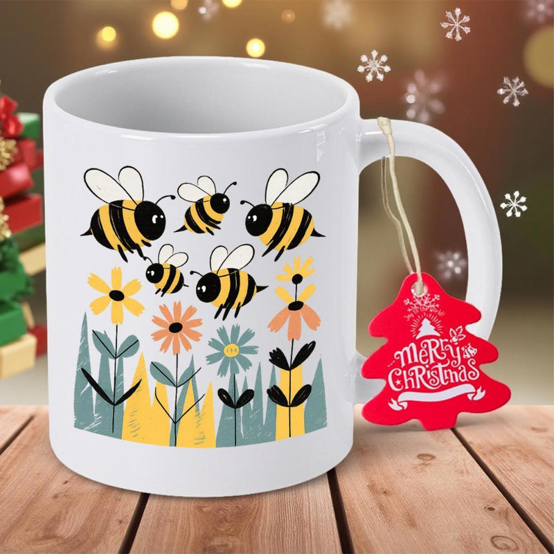 Tailorly White Ceramic 11 oz Mug - Merry Christmas Playful Cartoon Bumblebees Hovering Over Colorful Blooming Summer Garden Bee