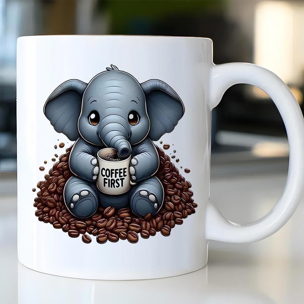 Tailorly White Ceramic 11 oz Mug - Coffee First Adorable Baby Character Sitting On Roasted Beans Holding Mug Elephant