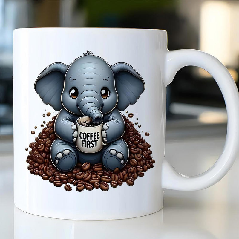 Tailorly White Ceramic 11 oz Mug - Coffee First Adorable Baby Character Sitting On Roasted Beans Holding Mug Elephant