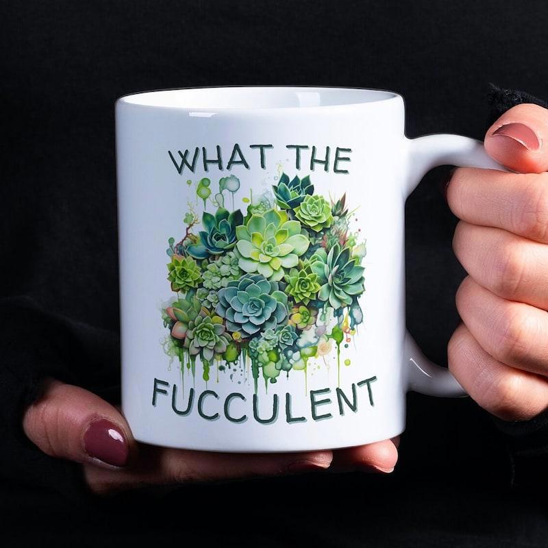 Tailorly White Ceramic 11 oz Mug - What The Fucculent Vibrant Watercolor Cluster Of Green And Blue Growing Garden Succulent