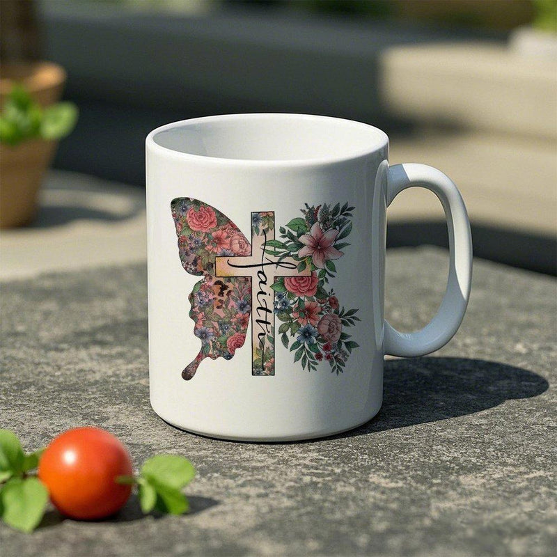 Tailorly White Ceramic 11 oz Mug - Faith Graceful Wings Filled With Blooming Colorful Flowers And Greenery Butterfly