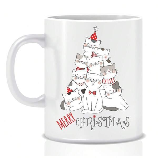 Tailorly White Ceramic 11 oz Mug - Merry Christmas Adorable Cartoon Kittens Stacked In A Pyramid Wearing Festive Holiday Accessories Cat