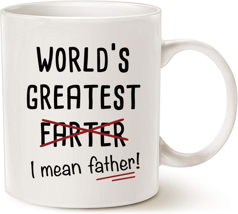 Tailorly White Ceramic 11 oz Mug - World's Greatest Farter I Mean Father Humor Text With Red Strike Through On Minimalist Ceramic Surface Mug