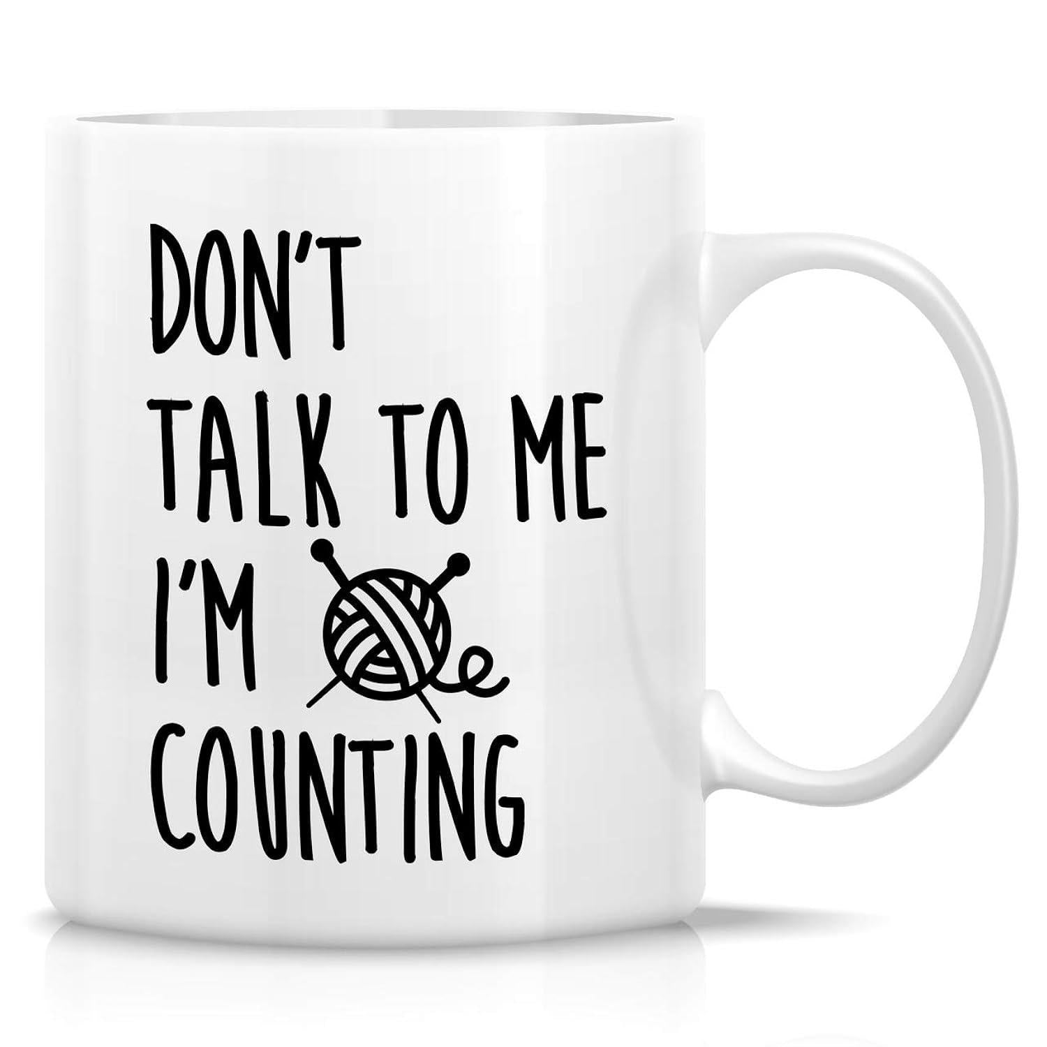 Tailorly White Ceramic 11 oz Mug - Dont Talk To Me Im Counting Minimalist Hand Drawn Design With Crossed Knitting Needles Yarn Ball