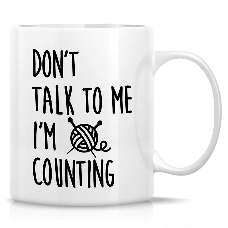 Tailorly White Ceramic 11 oz Mug - Dont Talk To Me Im Counting Minimalist Hand Drawn Design With Crossed Knitting Needles Yarn Ball