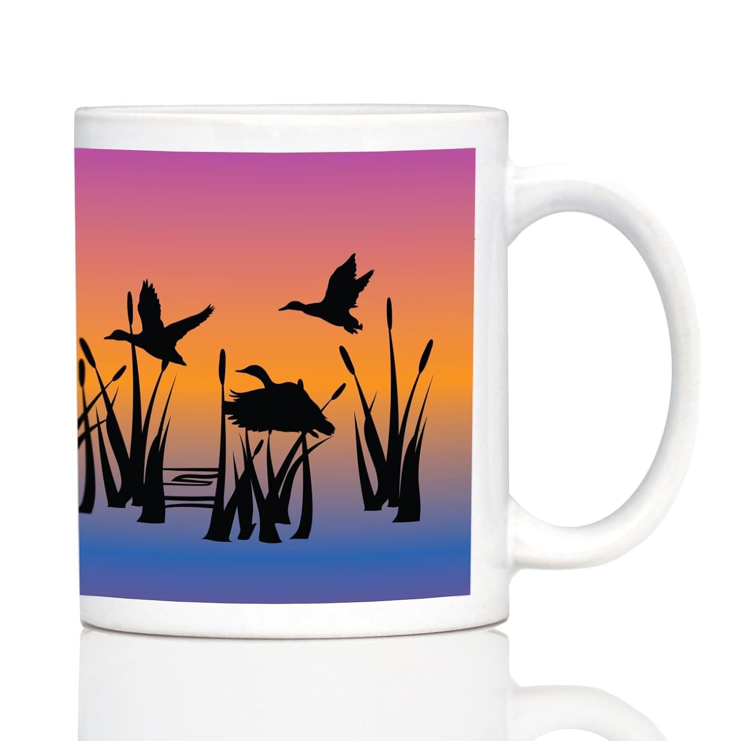 Tailorly White Ceramic 11 oz Mug - Majestic Silhouette Flying Above Reeds Against Vibrant Sunset Colorful Water Duck