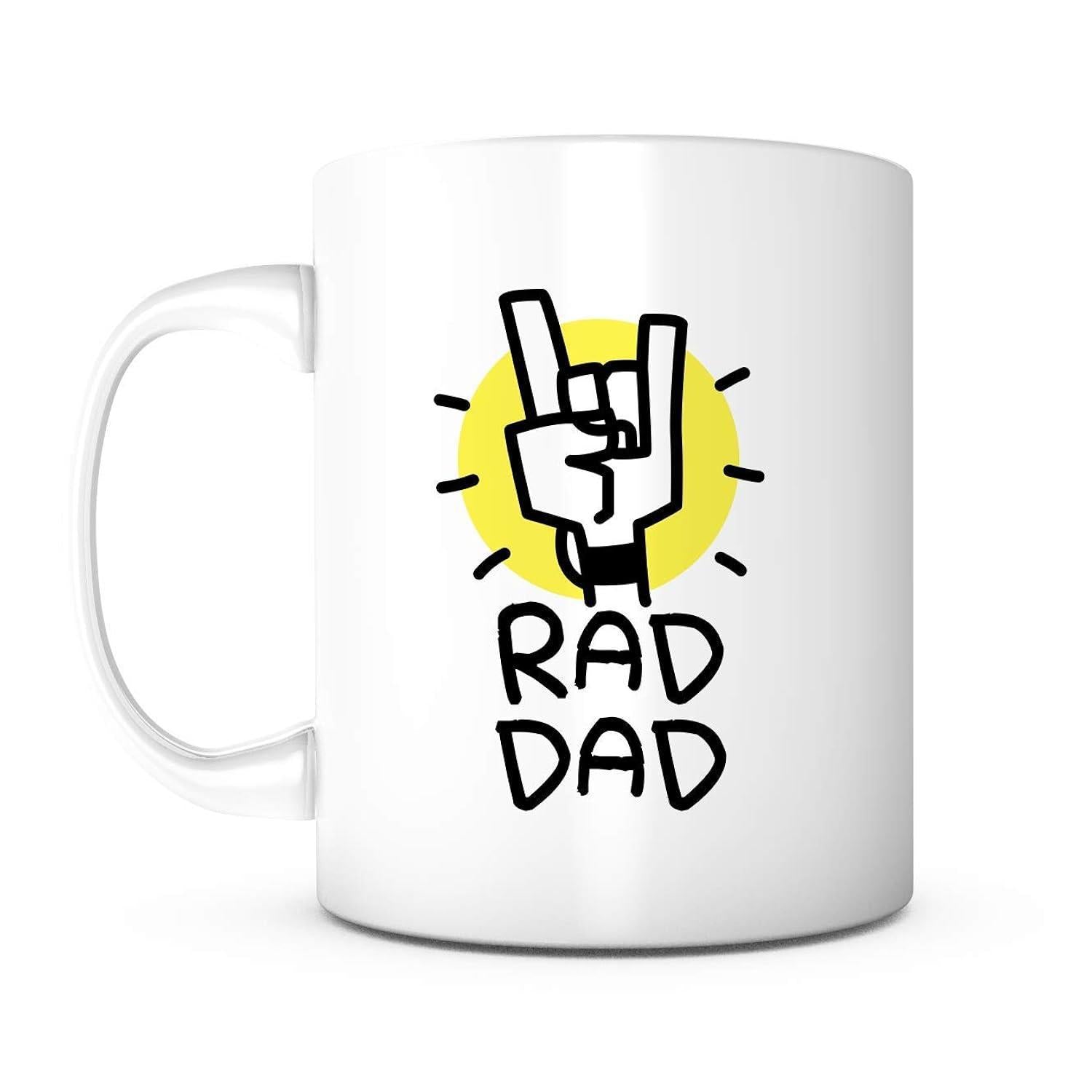 Tailorly White Ceramic 11 oz Mug - Rad Dad Rock On Gesture With Glowing Yellow Sun And Artistic Lines Hand