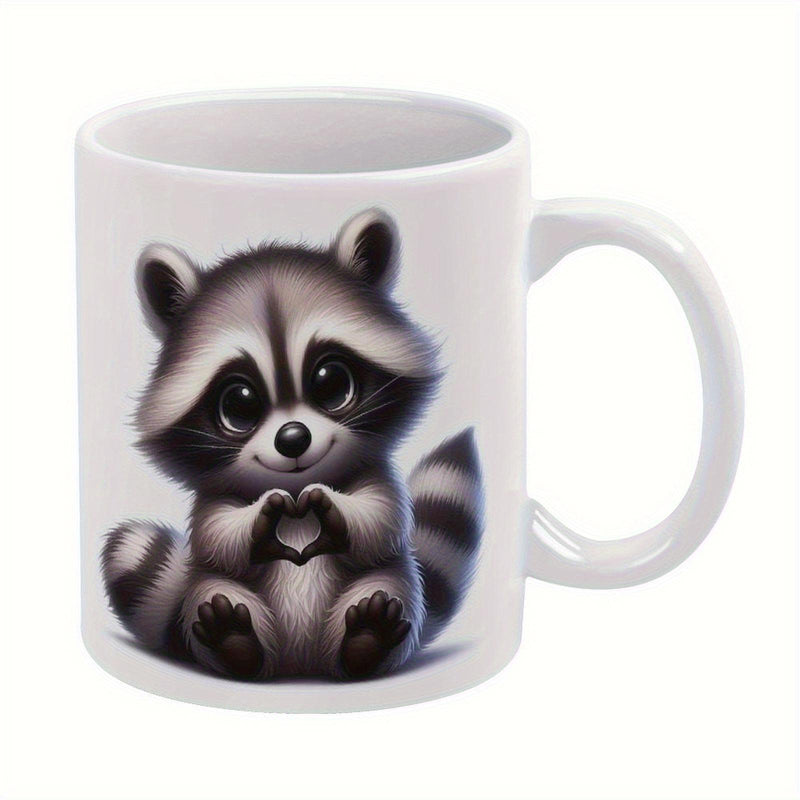 Tailorly White Ceramic 11 oz Mug - Adorable Fluffy Forest Creature Making A Heart Shape With Paws Raccoon