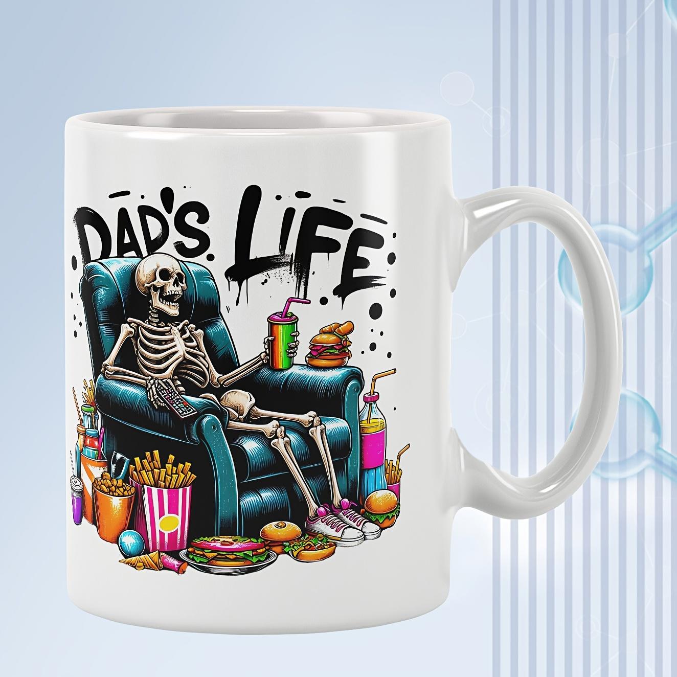 Tailorly White Ceramic 11 oz Mug - Dads Life Relaxing In A Blue Leather Recliner Surrounded By Snacks And Drinks Skeleton