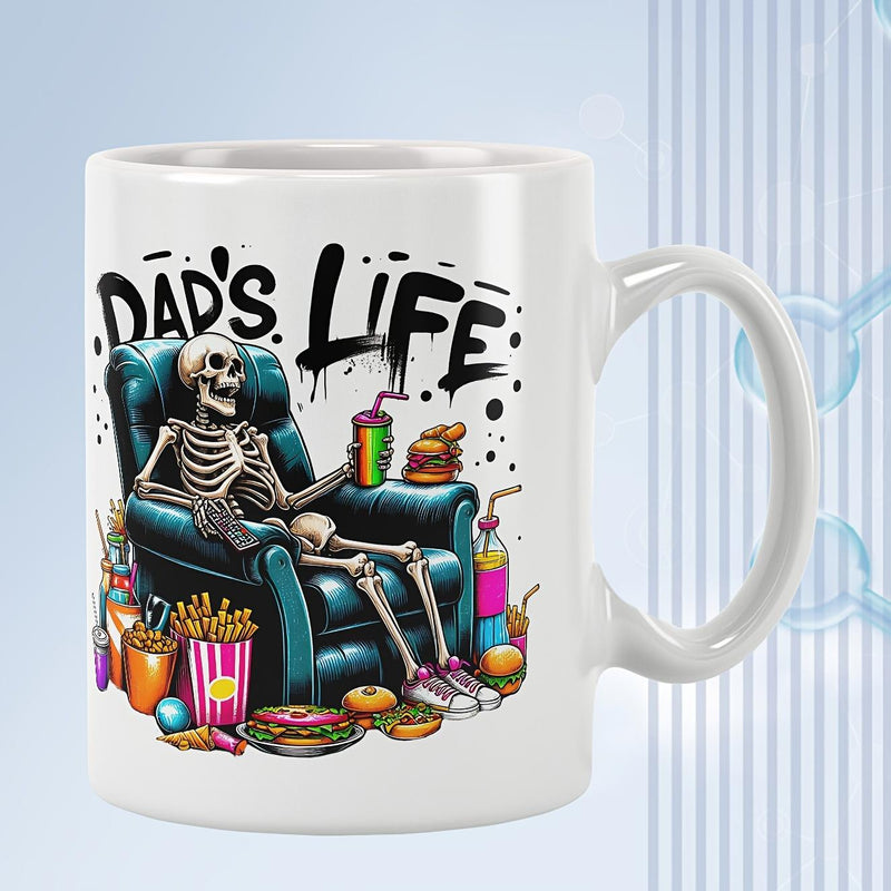 Tailorly White Ceramic 11 oz Mug - Dads Life Relaxing In A Blue Leather Recliner Surrounded By Snacks And Drinks Skeleton