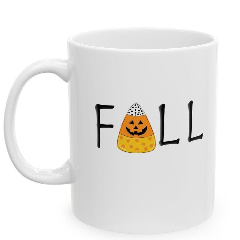 Tailorly White Ceramic 11 oz Mug - Fall Cute Cartoon Themed Halloween Illustration With Spooky Jack O Lantern Face Candy Corn