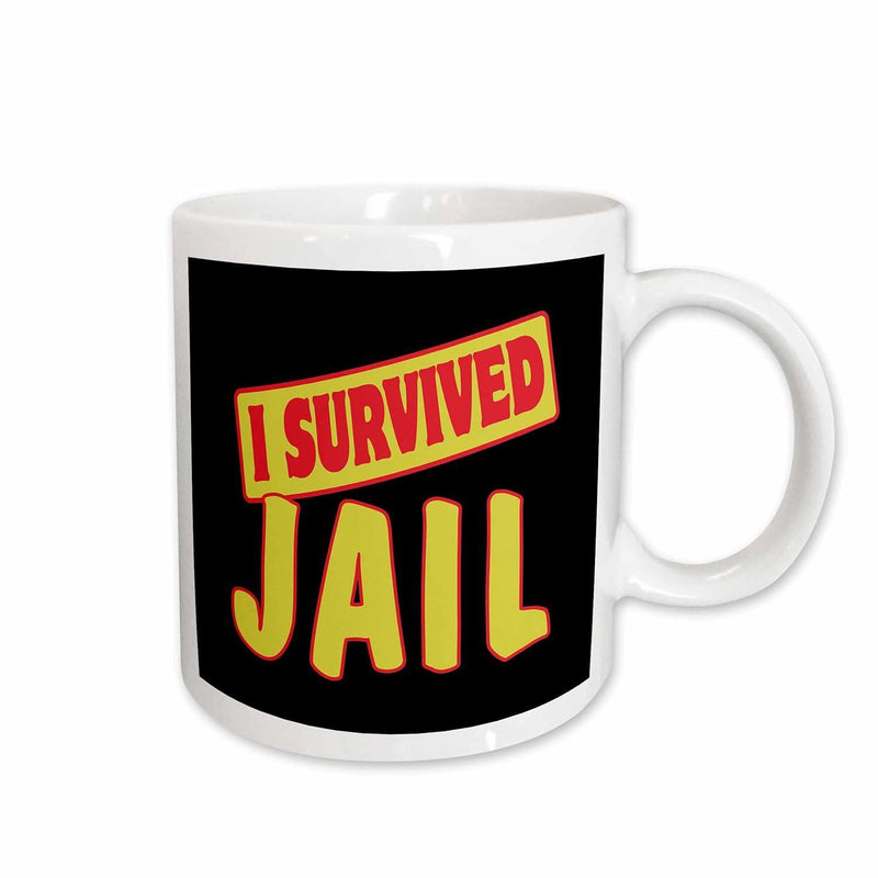 Tailorly White Ceramic 11 oz Mug - I Survived Jail Bold Yellow And Red Lettering On Rectangular Black Background Mug