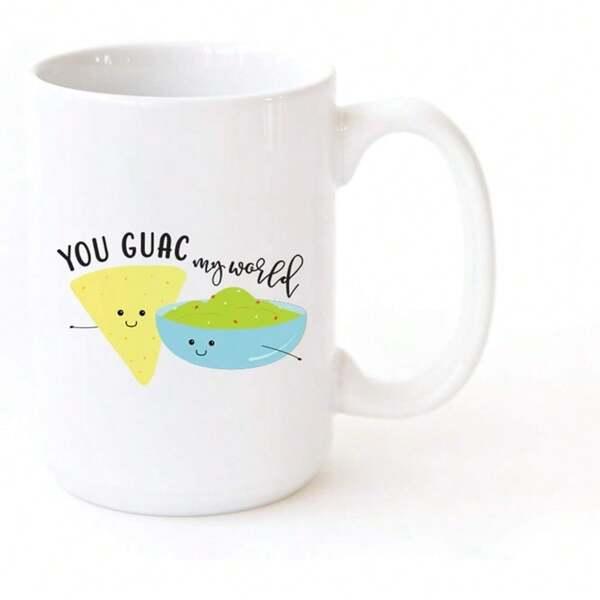 Tailorly White Ceramic 11 oz Mug - You Guac My World Cute Smiling Yellow Tortilla Chip Beside Green Bowl Guacamole