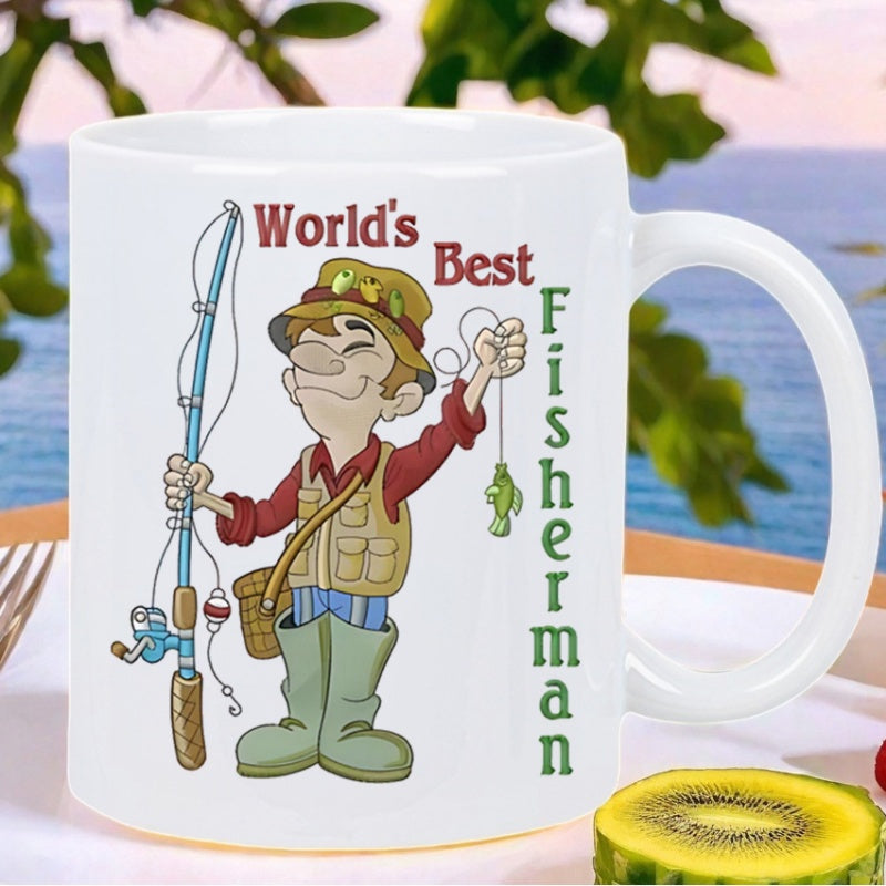 Tailorly White Ceramic 11 oz Mug - World's Best Fisherman Cheerful Cartoon Man Holding Fishing Rod And Tiny Fish Wearing Green Boots Fisherman