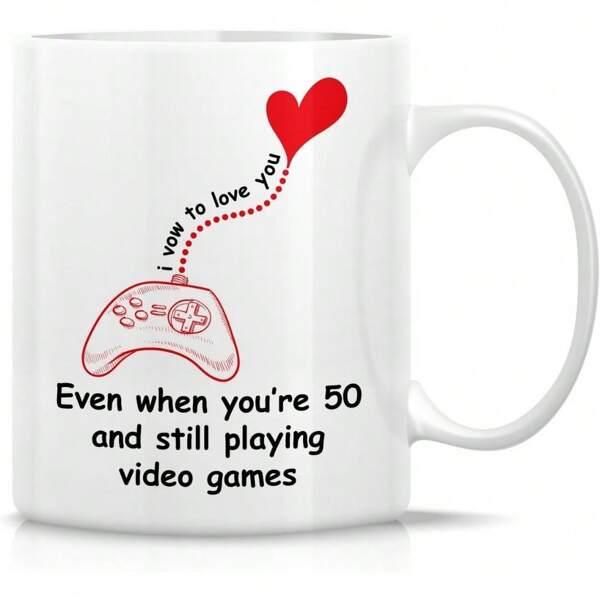 Tailorly White Ceramic 11 oz Mug - I Vow To Love You Even When Youre 50 And Still Playing Video Games Hand Drawn Controller Connected By Dotted Line To Red