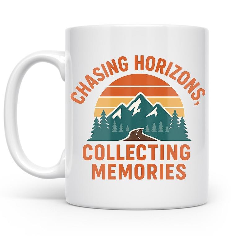 Tailorly White Ceramic 11 oz Mug - Chasing Horizons Collecting Memories Retro Sun Rising Over Snowy Peaks And Evergreen Pine Forest Road Mountain