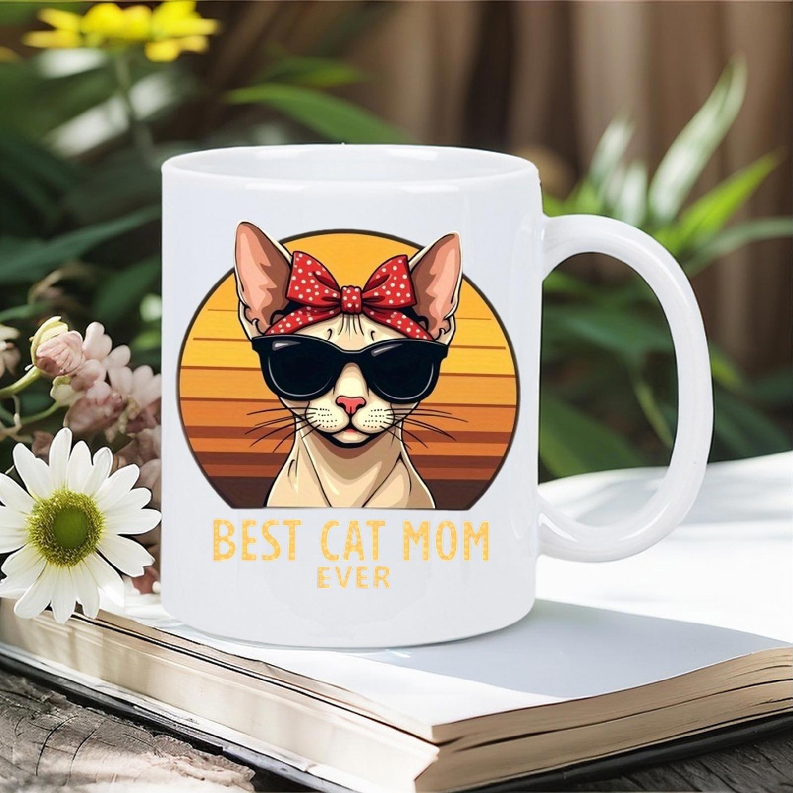 Tailorly White Ceramic 11 oz Mug - Best Cat Mom Ever Cool Stylish Feline Wearing Sunglasses And Red Polka Dot Bow Headband Cat
