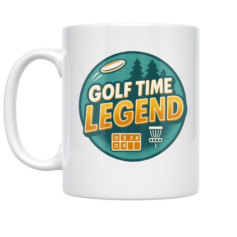 Tailorly White Ceramic 11 oz Mug - Golf Time Legend Flying Disc Soaring Over Evergreen Trees And Scoring Basket