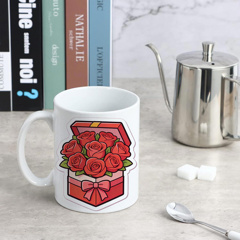 Tailorly White Ceramic 11 oz Mug - Vibrant Red Roses Nestled Inside A Decorative Pink Gift Box With Ribbon Roses