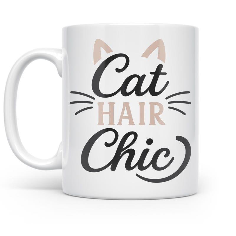 Tailorly White Ceramic 11 oz Mug - Cat Hair Chic Minimalist Feline Features With Pointed Ears And Whiskers On Ceramic Cat