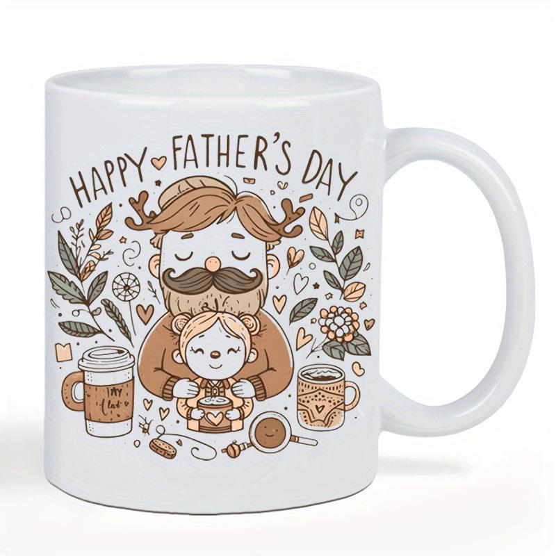 Tailorly White Ceramic 11 oz Mug - Happy Father's Day Hand Drawn Illustration Of Father Holding Child Among Botanical Leaves And Coffee Father