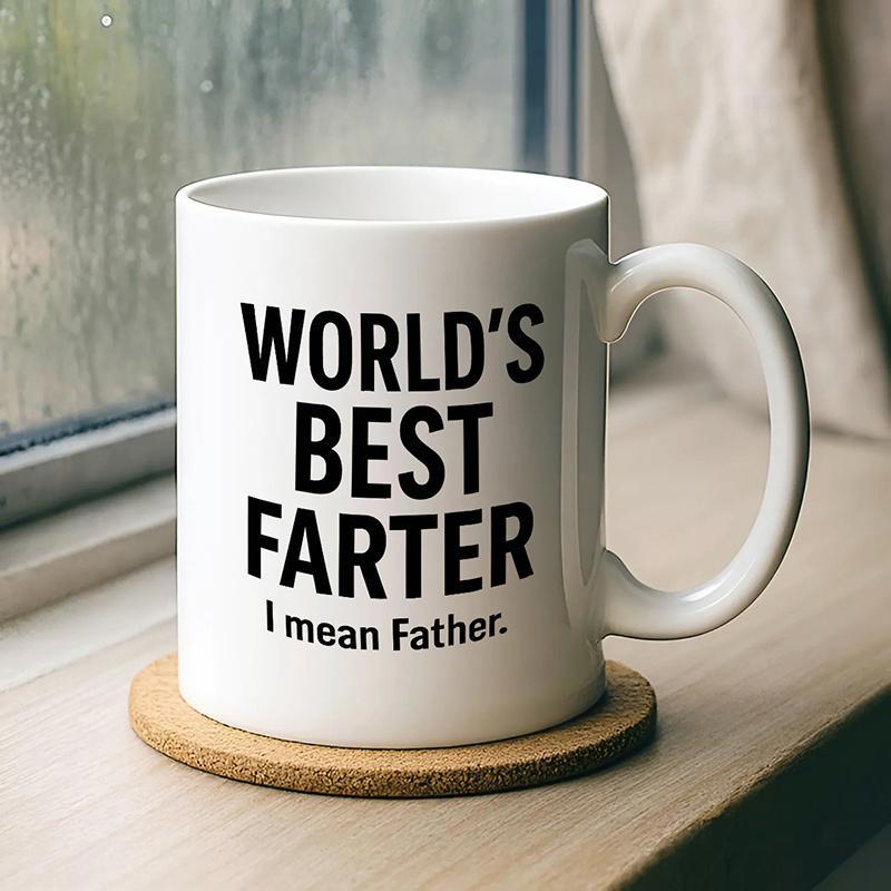 Tailorly White Ceramic 11 oz Mug - World's Best Farter I Mean Father Minimalist White Ceramic Vessel Resting Peacefully On A Natural Wooden Coaster Mug