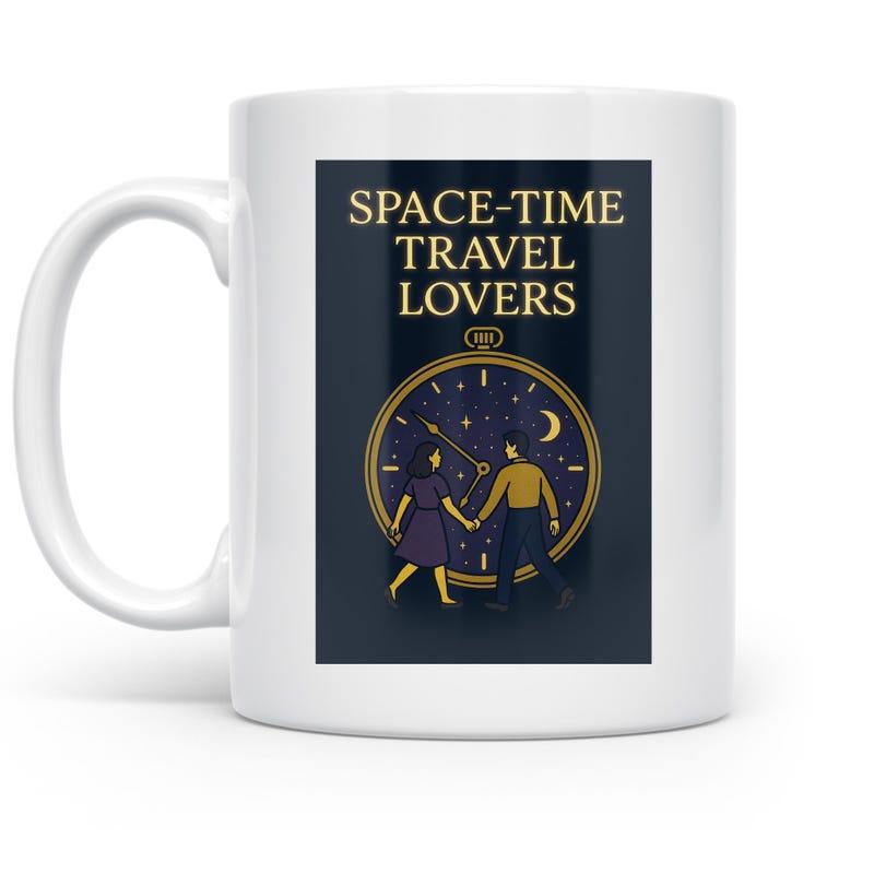 Tailorly White Ceramic 11 oz Mug - Space Time Travel Lovers Romantic Couple Holding Hands Before A Golden Celestial Clock